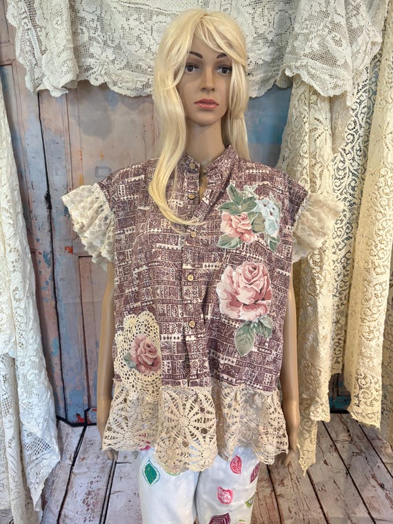 floral shirt antique lace appliques
