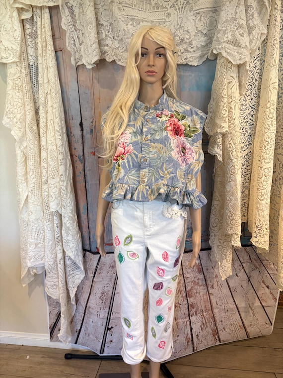 crop top, recycled men's shirt, appliquéd shirt, tropical floral