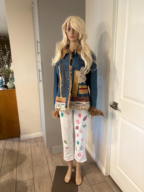 jean jacket, boho with vintage doilies and fabric from other jackets