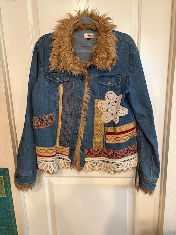 jean jacket, boho with vintage doilies and fabric from other jackets hippy