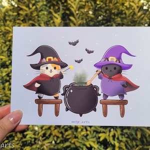 Lámina de gato y bruja / Arte de gato / Lámina linda / Lámina kawaii / Lámina pequeña / Lámina de Halloween