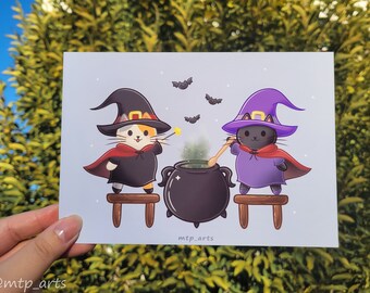 Impresión de arte de brujas de gato / Arte de gato / Impresión linda / Impresión Kawaii / Impresión pequeña / Impresión de Halloween