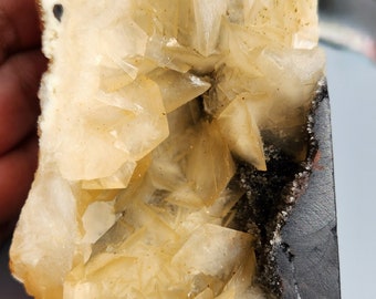 Large Black Chalcedony Tower with Calcite Blades, 1.1 lb 4.5"