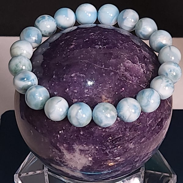 Larimar Bead Bracelet, mineral, pectalite, crystal bead, AA grade 9.5 mm 8.5 inch, water pattern, turtleback