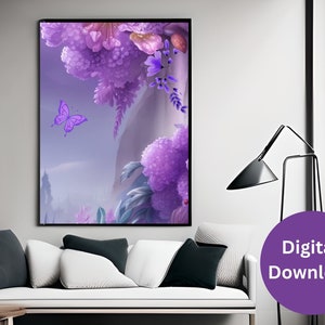 May include: A digital download of a purple and white floral illustration with a butterfly flying in front of a mountain. The flowers are in a cluster and have a soft, dreamy look.