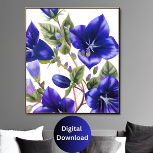 May include: A framed digital download print featuring vibrant blue flowers with green leaves against a white background. The artwork showcases detailed floral illustrations with a watercolor effect, perfect for home decor.