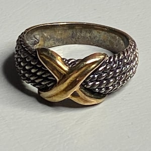 Vintage Jeffrey Levin 925 Sterling Silver 18k Gold X Ring Signed JL Handcrafted Unisex Love Kiss Ring, Modernist Stacked Cable Rope Band