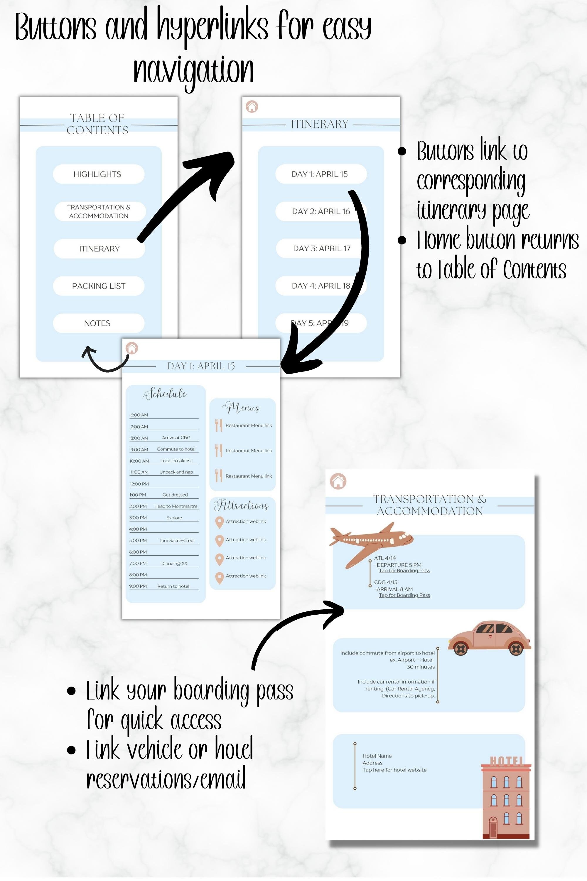 Digital Travel Itinerary Template, Customizable Daily Travel Itinerary ...