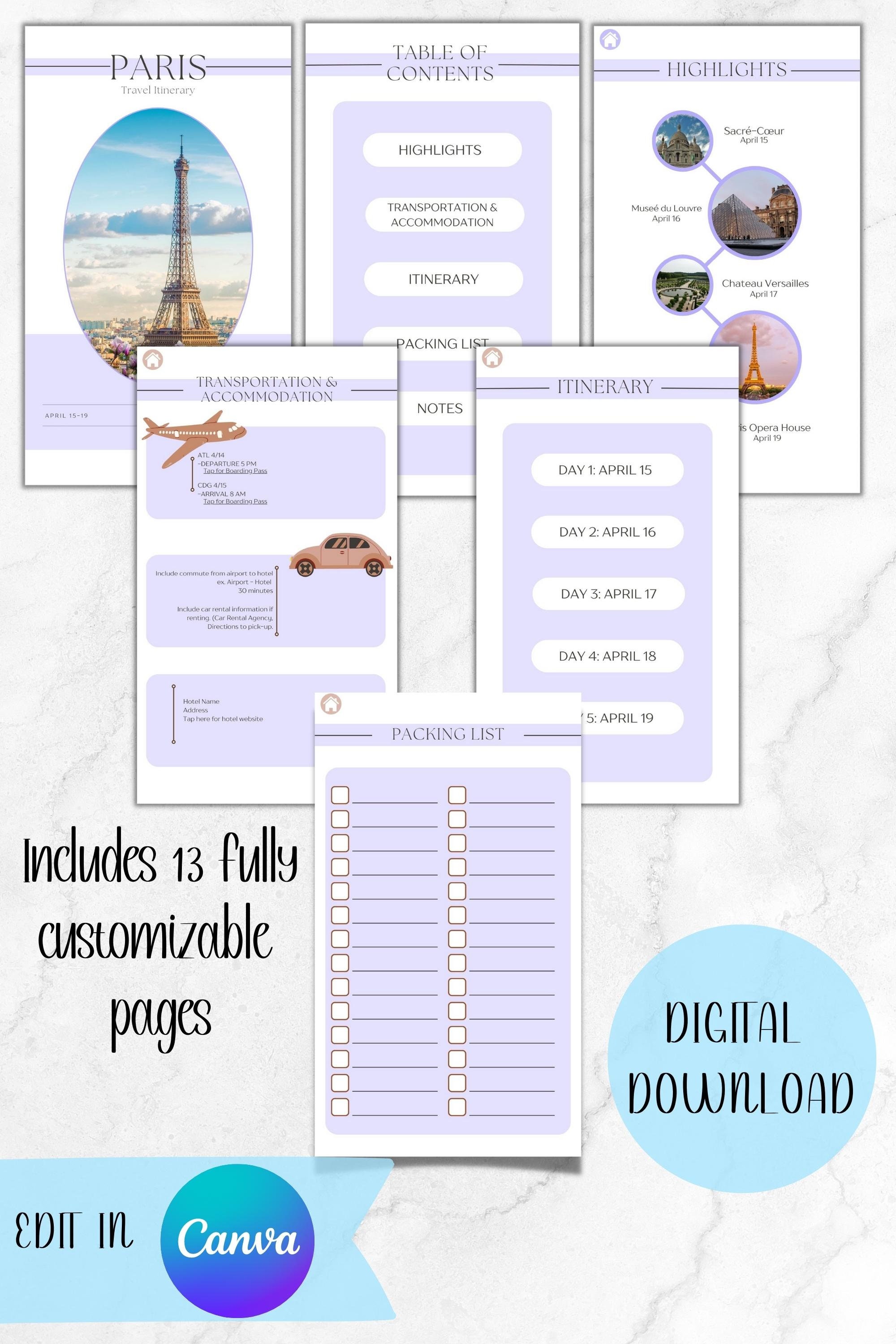 Digital Travel Itinerary Template, Customizable Daily Travel Itinerary ...