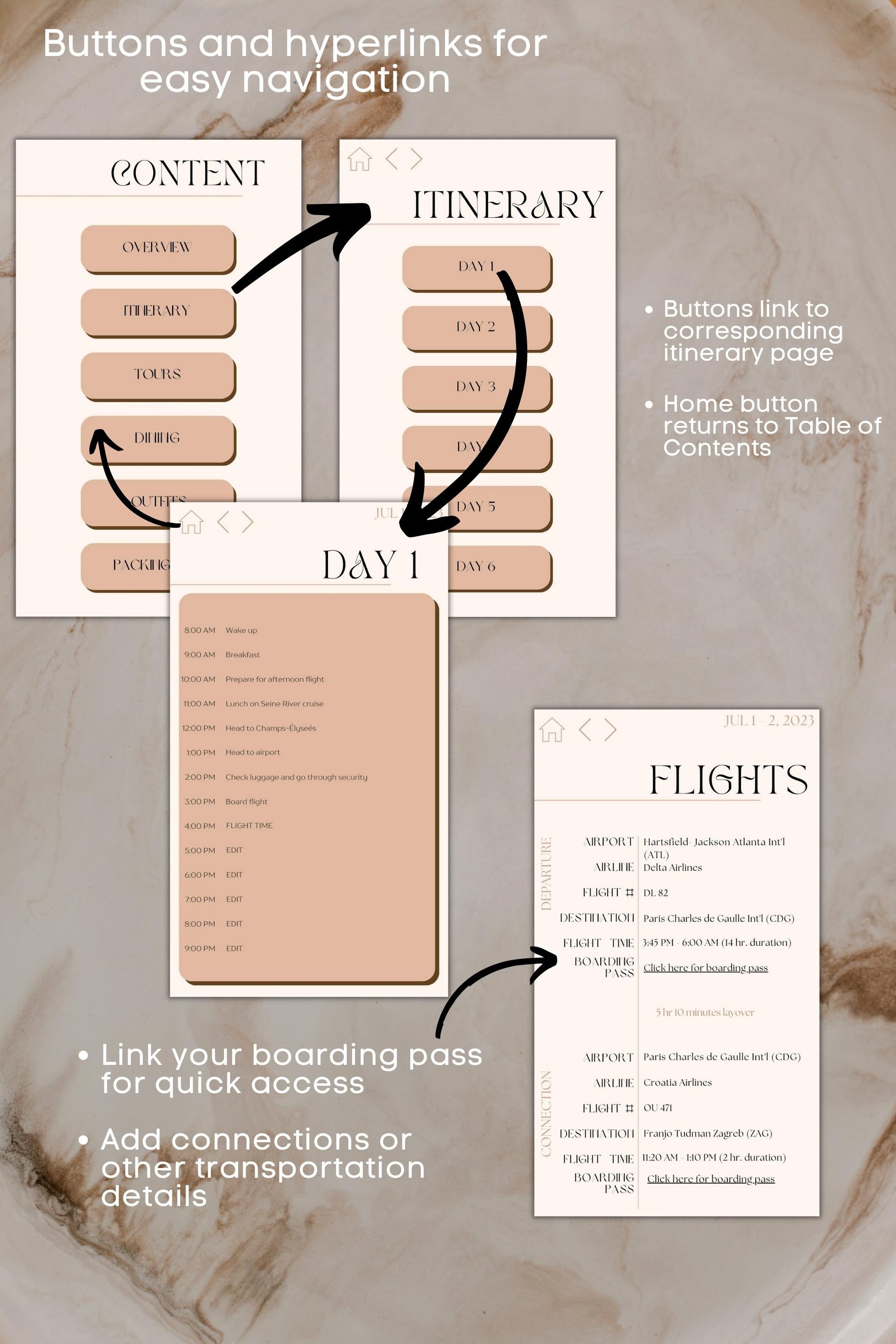 Digital Travel Itinerary Template, Customizable Daily Travel Itinerary ...