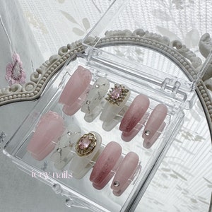 3D Handmade Custom Pink Gemstone Press On Nails|icey Luxury Acrylic Press On Nails|Diamond Shiny Nails|Fake Nails|Gift For girls