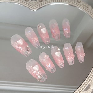 PinkHeart Press On Nails|icey Handmade Acrylic Fake Nails|Luxury False Nails|Pink Nails|French Nails Clear|Kawaii Gyaru Nails For Girl|Gift