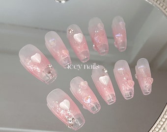 PinkHeart Press On Nails|icey Handmade Acrylic Fake Nails|Luxury False Nails|Pink Nails|French Nails Clear|Kawaii Gyaru Nails For Girl|Gift