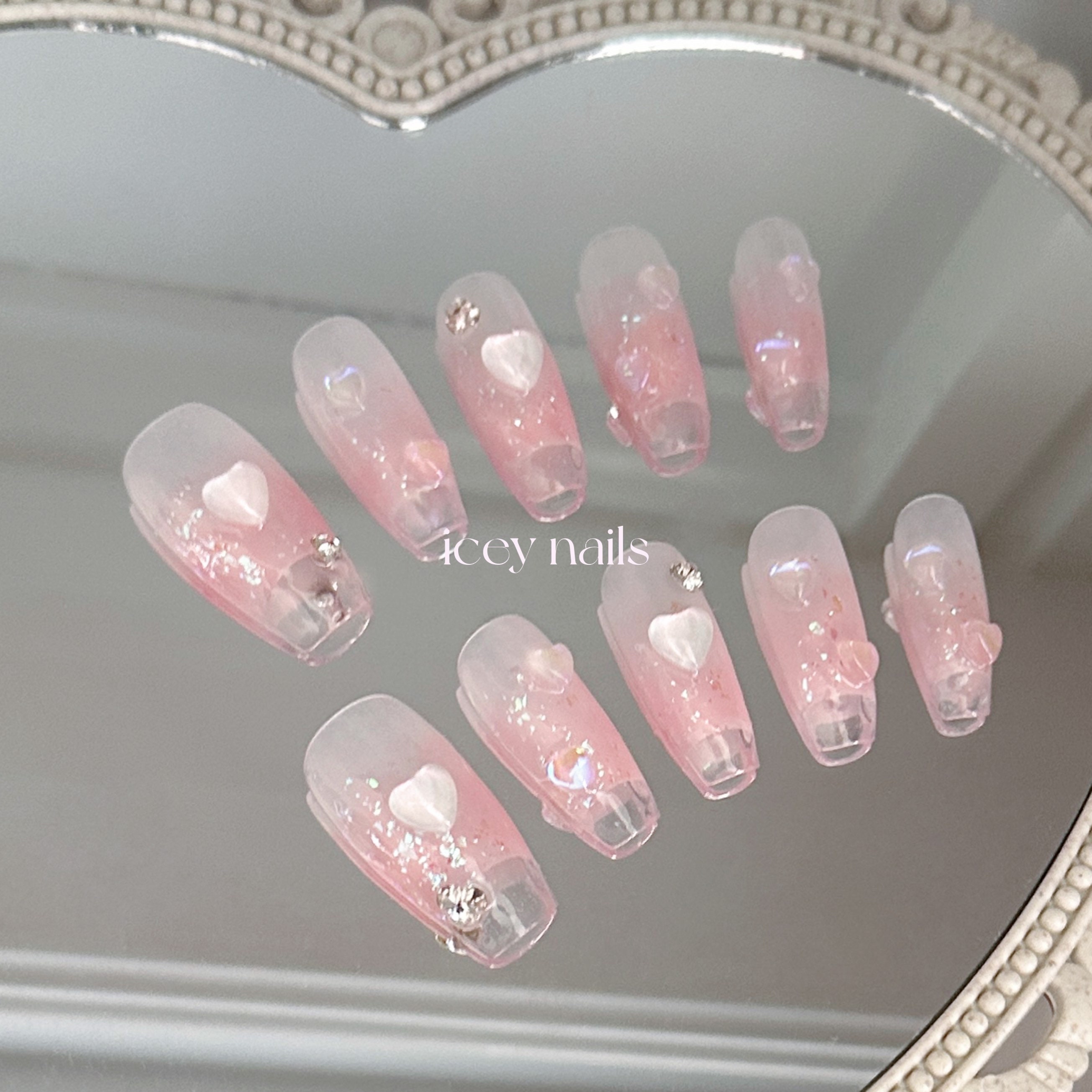 Press on Nails Pink and Green Nails Romantic Nail Design Sweetheart Nails  Loved Themed Nail Art Pastel Heart Nails Heart Tip Acrylic Nails 