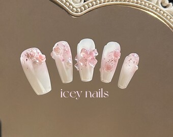 CreamyRose Press On Nails | icey Luxury Handmade Press On Nails | Pink Rose Nails | Handmade Custom Nails | Gift For Her