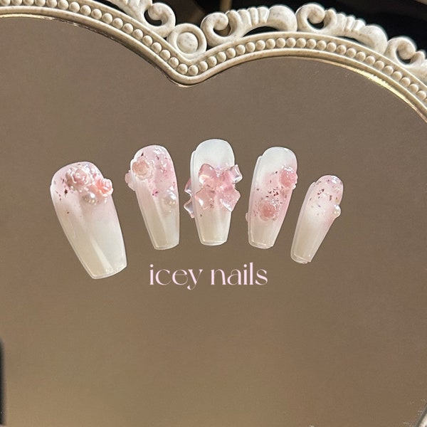 CreamyRose Press On Nails | icey Luxury Handmade Press On Nails | Pink Rose Nails | Handmade Custom Nails | Gift For Her