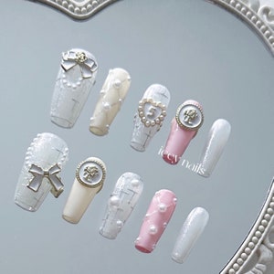 Cute Pearl Bow of metal Press On Nails|icey Handmade Acrylic Nails|Pink Nails|Luxury Custom Fake Nails