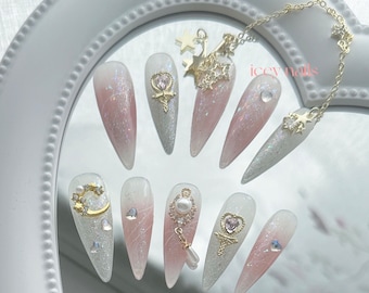Golden Star Chian Press On Nails|Luxury Handmade Custom Nails|Shiny Crystal Pink Nails|Colorful Glitter Nails|Stiletto Long Nails|False nail