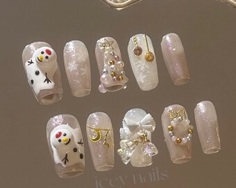 HighQuality 3D Snowman Winter press on nails | Christmas tree shiny bell tassel | icey handmade luxury nails | party bar gift for women