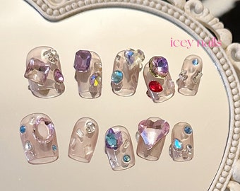 Shiny Crystal Gemstone Press On Nails|icey Handmade Luxury Nails|Short Square Nails|Gift For Girls|False Nails|Party Dresses Cosplay