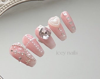 10pcs Pink Heart Press On Nails | icey handmade Luxury Nails | Pink Nails | Cross Heart | Fake Nails | False Nails