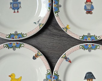 Whimsical GIEN Lucien French plates set (4), robot/gnome/teddy bear/rubber ducky dessert/pie plate set, discontinued, RARE