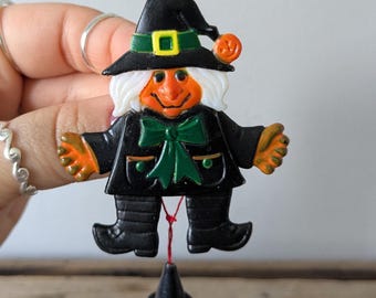 Vintage Interactive Articulated Plastic Witch Pin Brooch, Halloween Novelty accessory