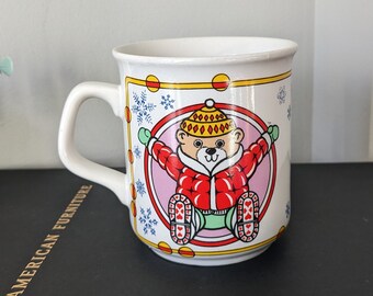 Vintage 80s Stoneware Ski Bear Mug, Winter Holiday Decor