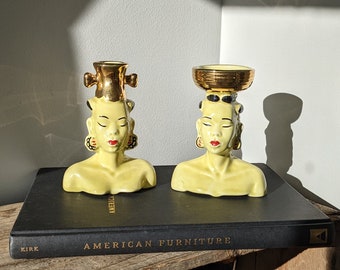 RARE pair of 50s Vintage Nubian small HEAD VASE, Gold & Chartreuse African Glazed Pottery Lady Head Vases, Kitsch Cacti/Succulent/air Plant