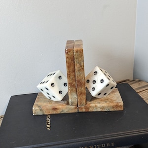 Pair of Vintage MCM Italian Marble BOOKENDS, Dice design, Genuine Alabaster, Minimalist Heavy Bookend Office Decor