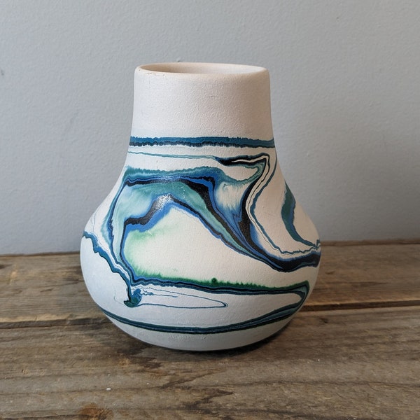 Vintage 70's Nemadji Clay Pottery Vase, Blue Swirl Hydro-Painted, Pottery Accent, 70's Pottery Collectible - Art Piece - USA - Clay Vase