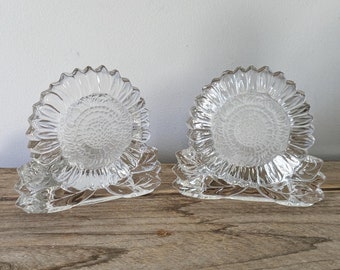 Vintage Partylite Frosted Glass Sunflower Tealight Candle Holders, Pair