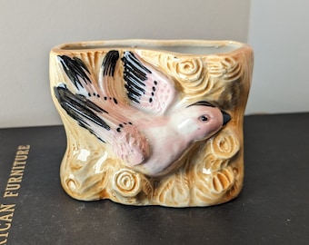 Vintage Pioneer Pottery Co NY rosa fågel- och trädstubbeplanteringsvas, mini kitschig blomkruka, mini suckulentplanter