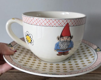 Whimsical GIEN Lucien French Jumbo Cup and saucer set, gnome/happy-sad smiley faces/rubber ducky, discontinued, RARE