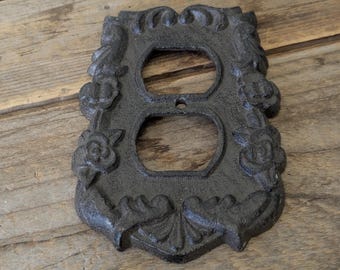 Vintage Cast Iron Outlet Cover, Brown Black Roses, Baroque Style
