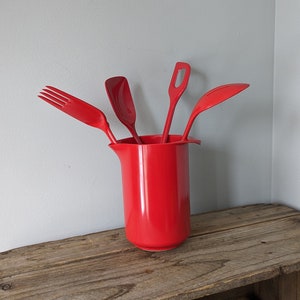 Erik Lehman RED Rosti Denmark Utensil Holder Pitcher + 4 Utensils, Vintage Genuine Melamine Mepal Rosti Red Utensil jar