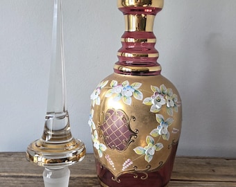 Vintage MOSER Bohemian Champagne Decanter glass vase, Art Nouveau Crandberry glass with gold trim, flower design