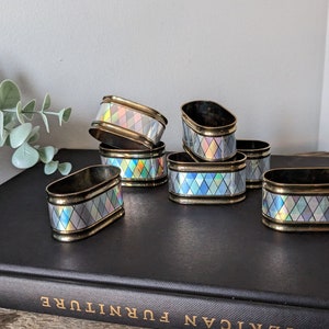 Vintage Brass Oblong NAPKIN RINGS, 7 pieces set, Boho minimalistic decor, gold tone napkin rings, iridescent checkerboard inset, funky decor