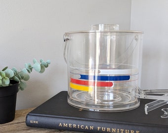 Vintage/Retro 1980s Clear Acrylic insulated Wine/Champagne Ice Bucket with lid & tongs, Picnic Primary colors stripes bucket, Hi-Fi Pattern
