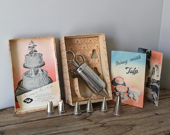 Vintage Tala Queen-glasyrset, glasyrpress - Kakglasyr, Vintage köksredskap, Matpresent, Gamla recept, i originalförpackning