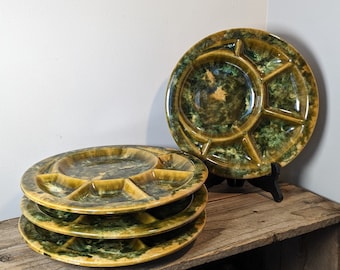 Platos de fondue vintage de cerámica Beauceware, esmaltado verde y dorado, juego de 4 platos de fondue, platos divididos Beauce, cerámica canadiense