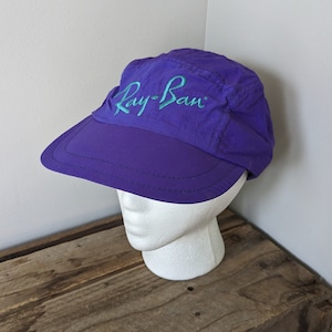 Vintage 80s-90s Ray-Ban Neon Purple cap, Adult Size Polyester cap, Stretchy elastic band