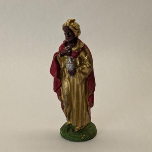 Fontanini anni '50, Re Magi in gesso dipinti a mano, 5,5'', basi verdi made in Italy, pezzi di ricambio per la Natività, Re Magi n. 3
