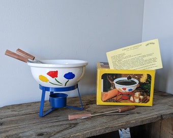 Juego completo de 6 ollas para fondue de chocolate vintage de los años 80, patrón de flores de tulipán de colores primarios, en caja original.
