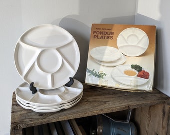 Vintage 70s-80s White FONDUE PLATES, set of 4, From Japan, in original box