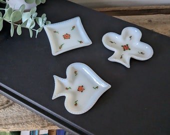 Vintage Milk Glass Card Suit Ashtrays, Hand Painted Floral Trinket Dishes, Set of 3