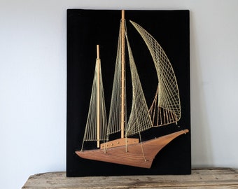 Vintage string art, boat string art, sailboat wall art, wall hanging, kitsch, schooner, sailboat, black velvet, retro beach decor