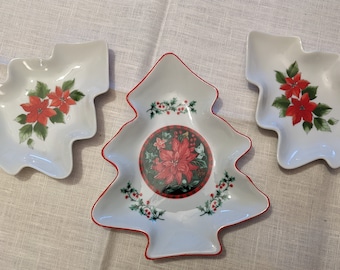 Vintage Christmas Tree Appetizer Plates, Poinsettia Holly Design, Set of 3