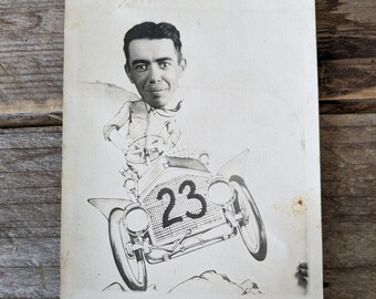 Vykort från tidigt 1900-tal, Bilracing #23, Karikatyrfotoautomat, Antikt vykort, oanvänd