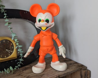 70s RARE Orange Vinyl Mickey Mouse Figurine, Walt Disney Estrela Brazil